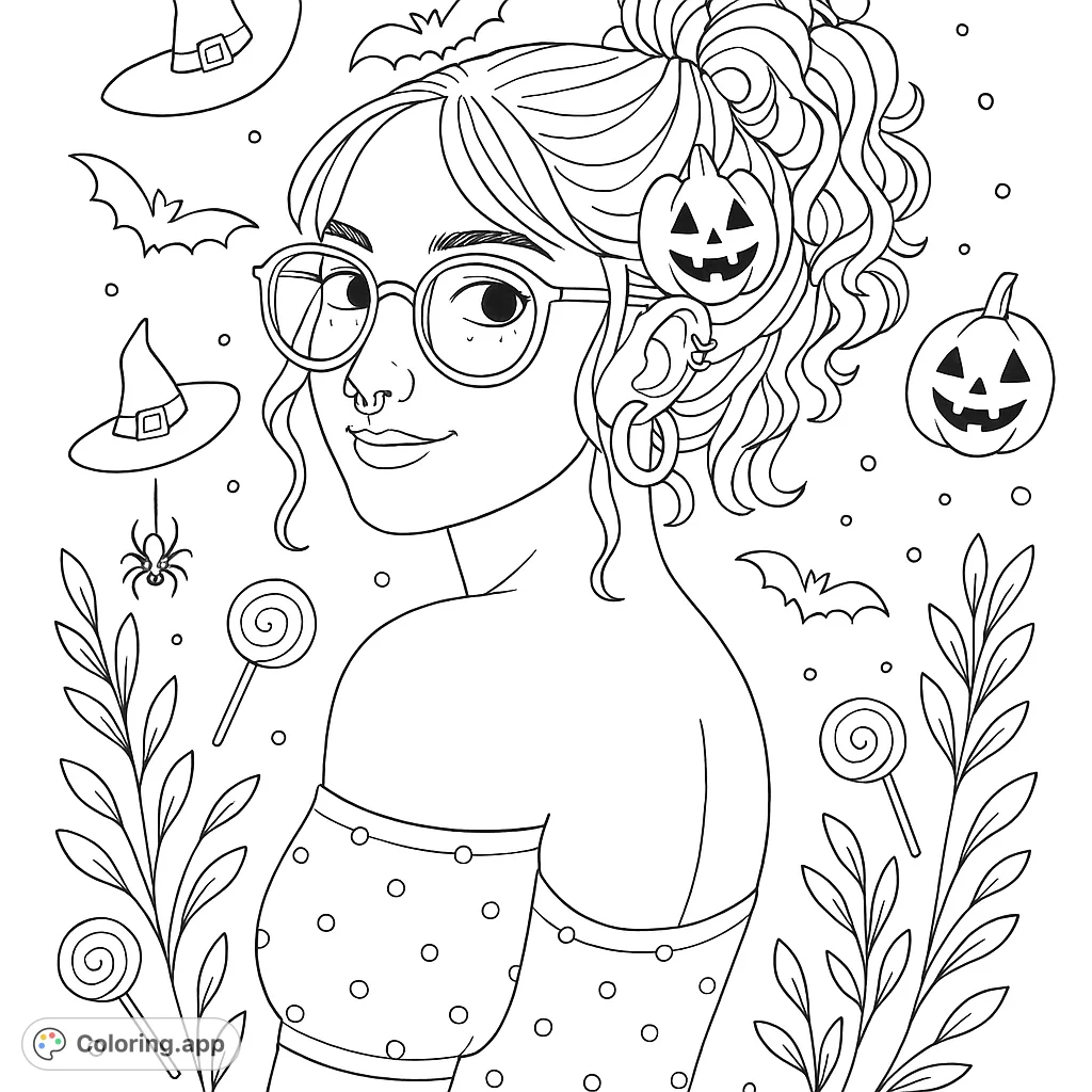 A stylish portrait featuring a person with glasses and a bun, surrounded by playful Halloween elements like bats, pumpkins, and witch hats.