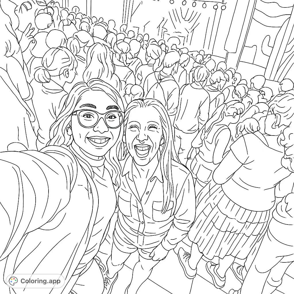 Friends capture a joyful moment at a lively concert, surrounded by a cheering crowd and a stage with desert-themed backdrop.