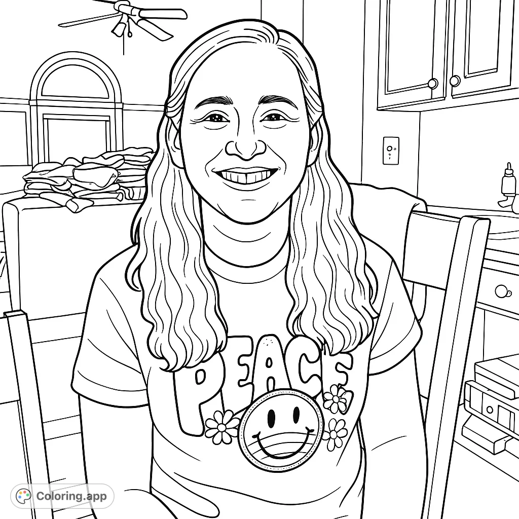 A cheerful woman with a groovy smiley face shirt, perfect for a fun coloring session. Explore patterns and expressions.