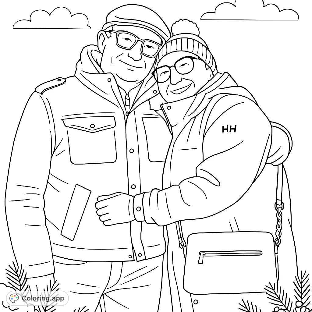 A heartwarming winter scene featuring a happy couple embracing, surrounded by festive garland and snow. Perfect for a cozy coloring experience.