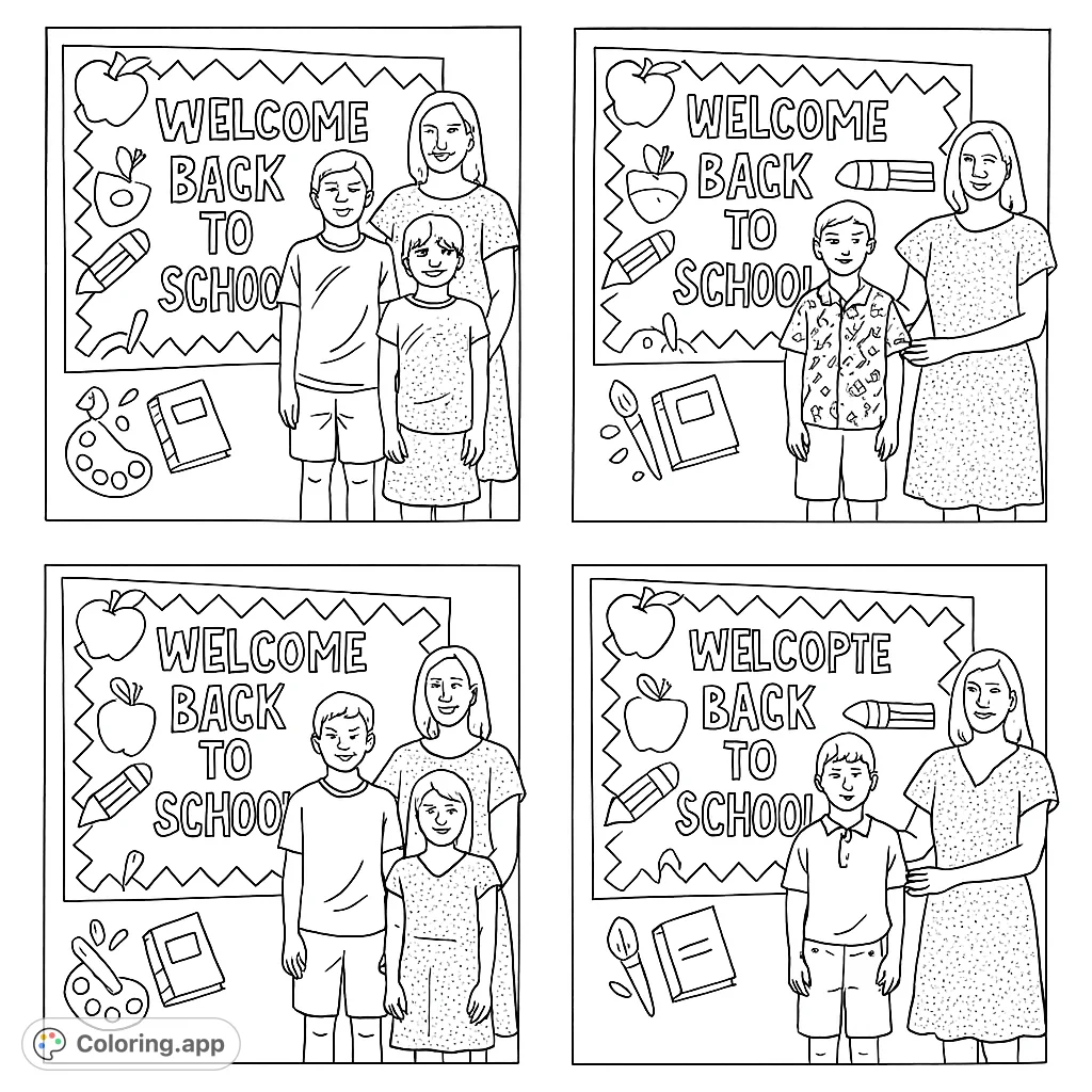 Celebrate the new school year with this delightful welcome back to school coloring page featuring a teacher and student by a festive bulletin board.