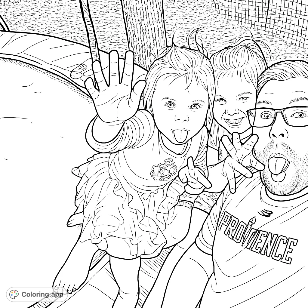 A playful family moment on a trampoline, featuring a man and two children making funny faces. Perfect for a fun coloring activity.