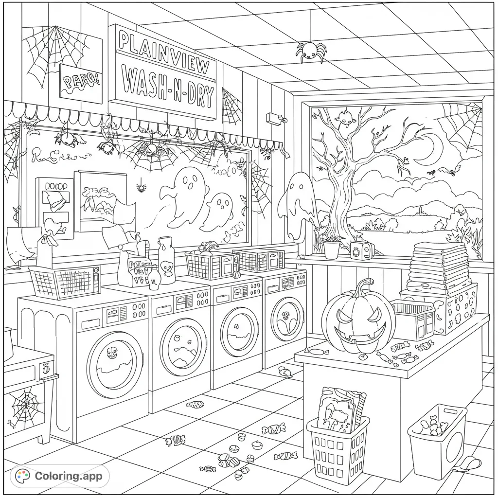 Enter the spooky Plainview Wash-N-Dry, a vintage laundromat transformed for Halloween with grinning pumpkins, friendly ghosts, and playful spiders. A fun Halloween coloring page.