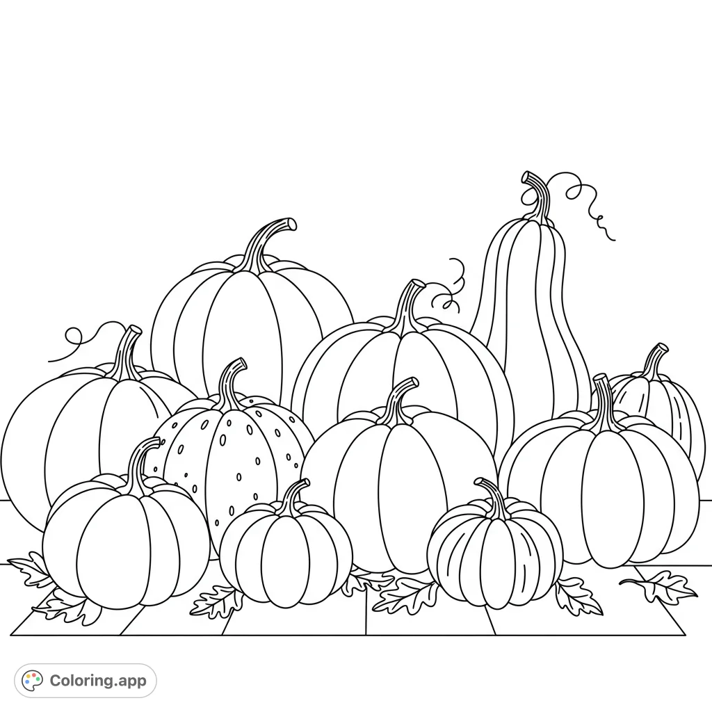 A delightful free printable pumpkin coloring page featuring various pumpkins, perfect for autumn fun and creative expression. Get your pumpkin coloring page today!