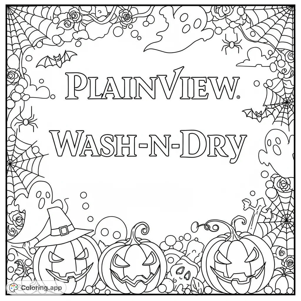 A fun Halloween coloring page featuring 'Plainview Wash-n-Dry' text surrounded by festive spooky decorations like pumpkins, bats, and spiderwebs.