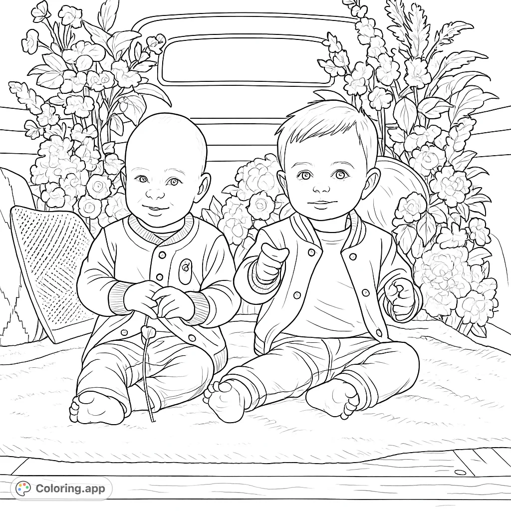 Adorable babies in a flower-filled truck bed, perfect for a charming spring-themed coloring page. Features cute children, lush florals, and cozy textures.