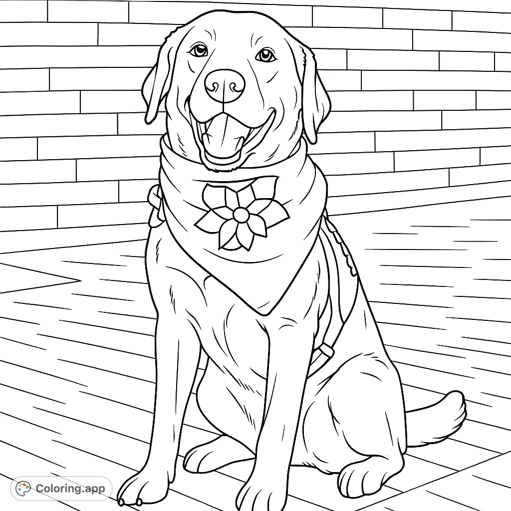 A charming dog portrait featuring a friendly Labrador-like companion wearing a patterned bandana, perfect for animal lovers of all ages.