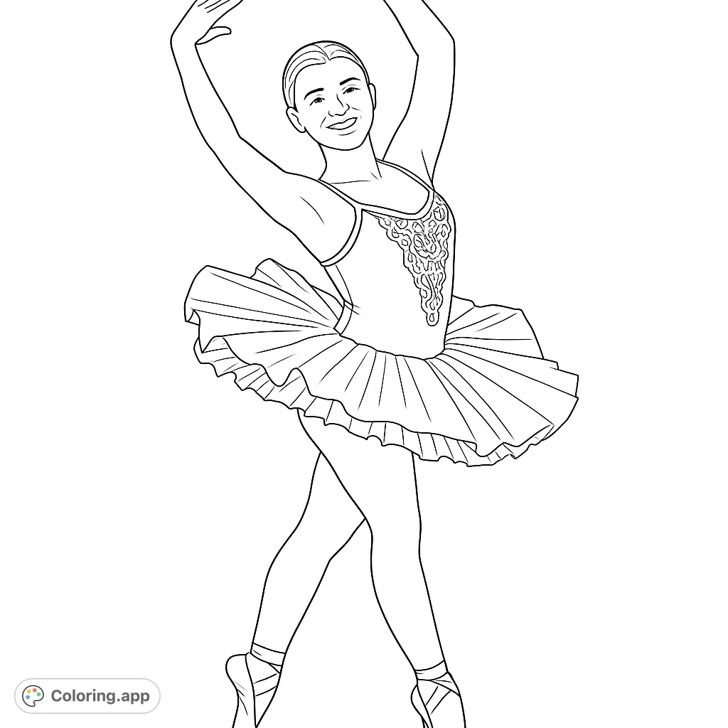 Capture the elegance of a ballet dancer in a graceful pose. This free printable coloring page features a detailed tutu and intricate costume.