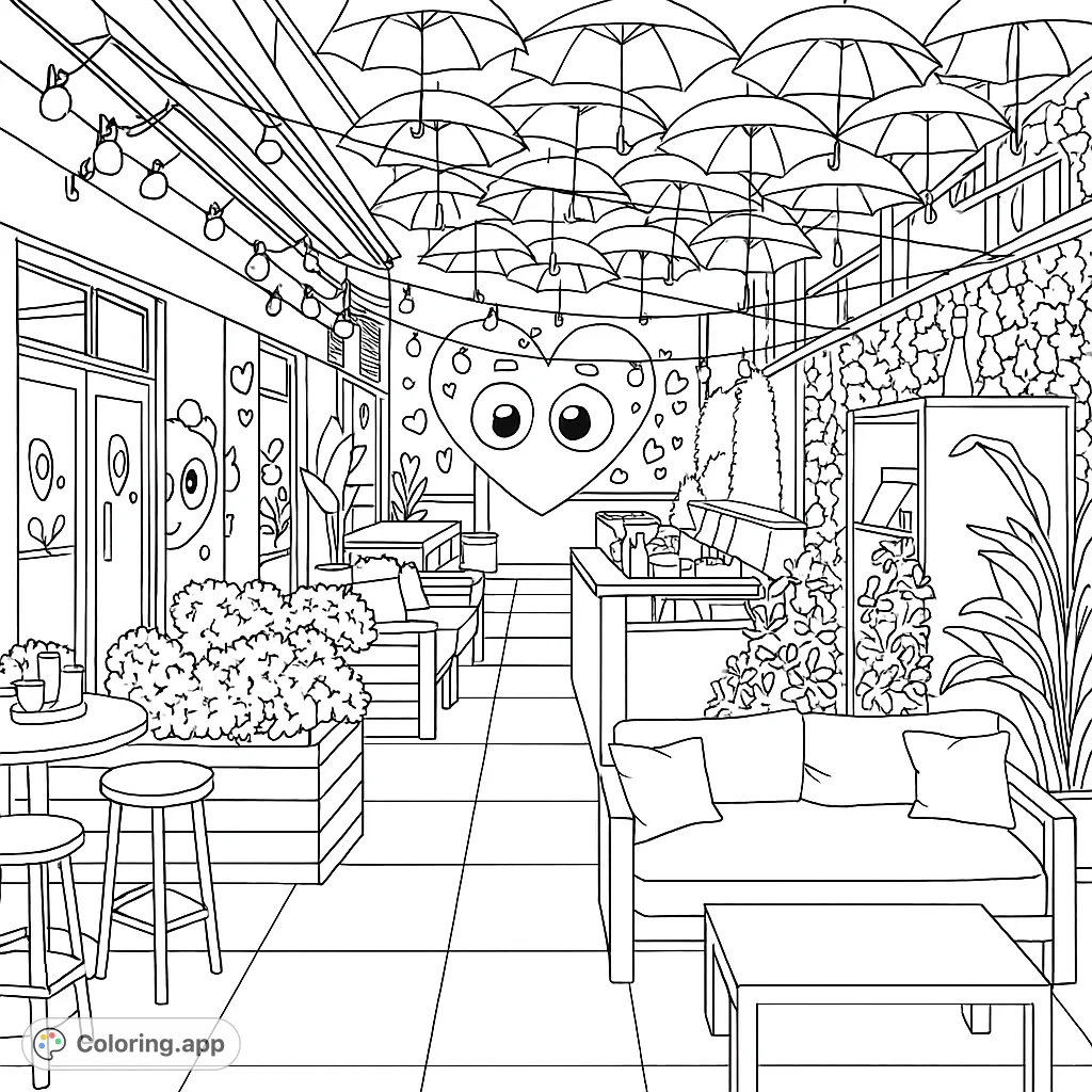 Color a lively outdoor patio with hanging umbrellas, string lights, and a whimsical heart mural. A fun, free printable coloring page.