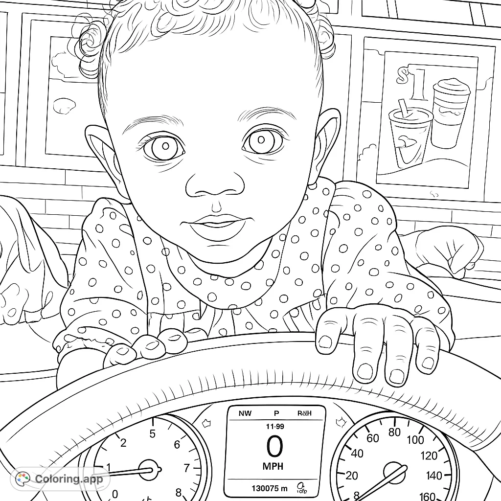 Adorable baby at the wheel, ready for an adventure! A charming scene perfect for young colorists to explore creativity and imagination.