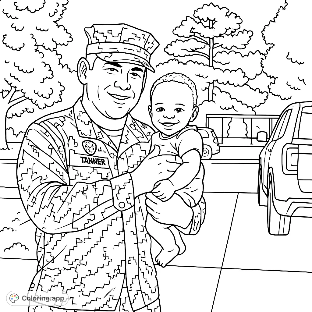 A heartwarming military family coloring page featuring a uniformed parent holding a smiling baby. Perfect for celebrating family bonds.