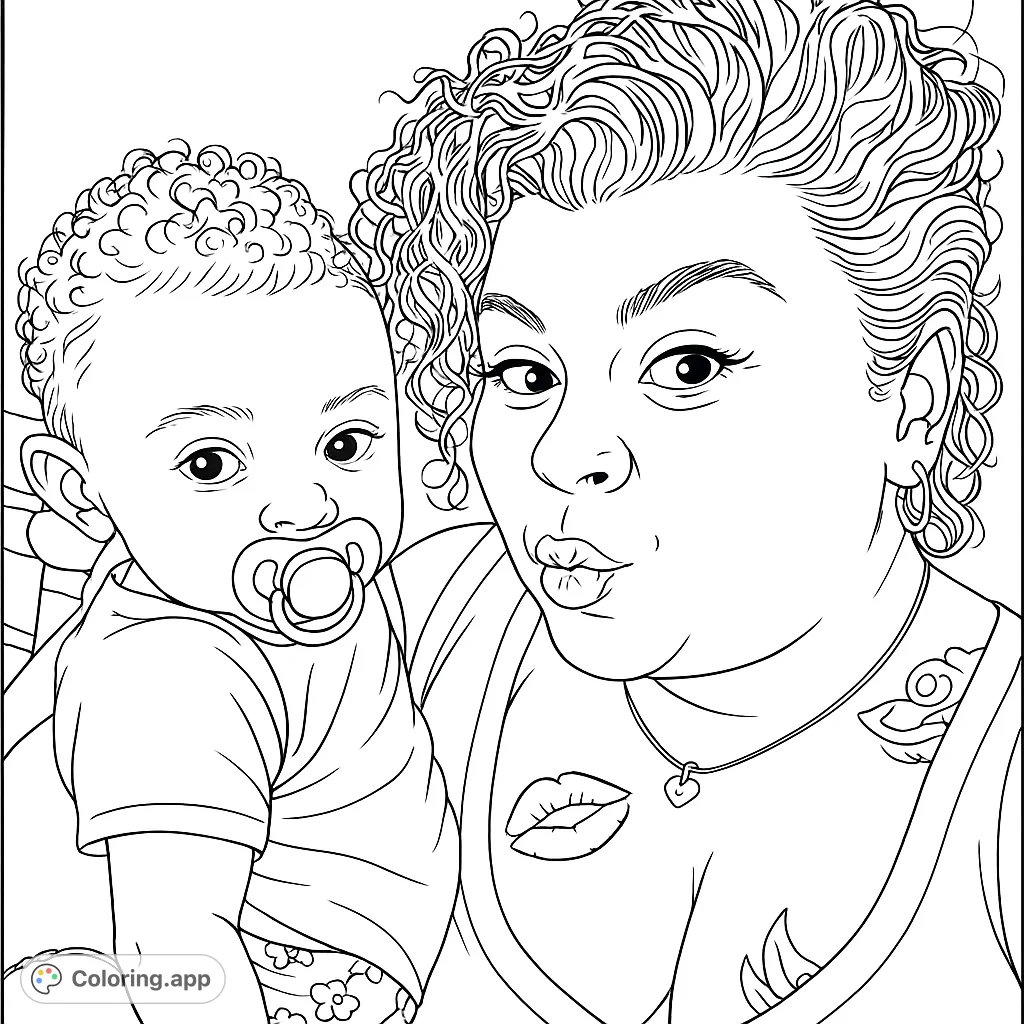 A heartwarming portrait of a woman holding a baby, capturing a tender family moment perfect for creative expression and detailed coloring.