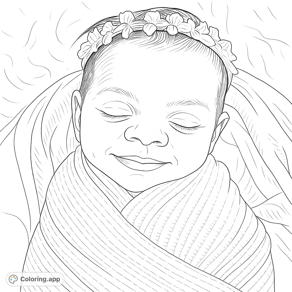 Discover a peaceful newborn baby coloring page, perfect for relaxation and celebrating new life. Features a sleeping infant wrapped in a soft blanket.