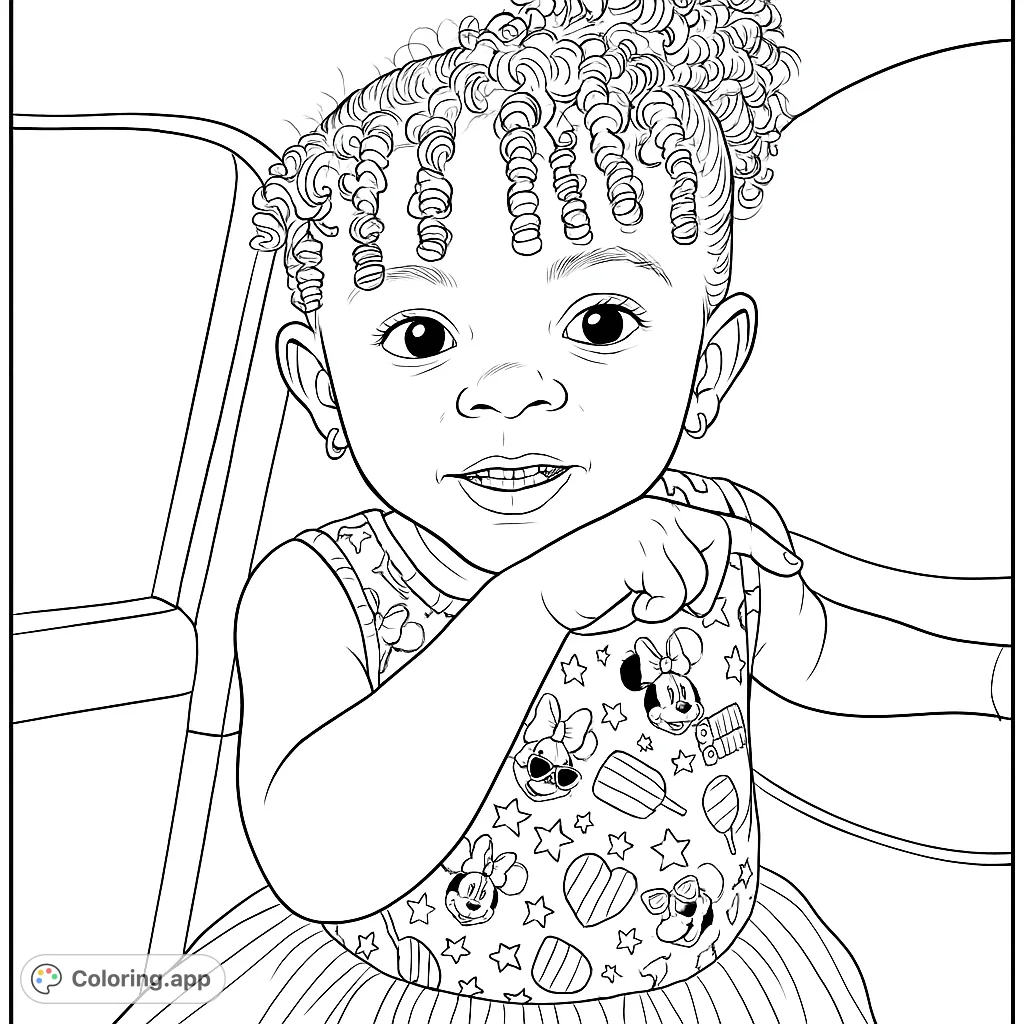 An adorable child with curly hair in a patterned dress, ready for a fun coloring adventure. Perfect for young artists!