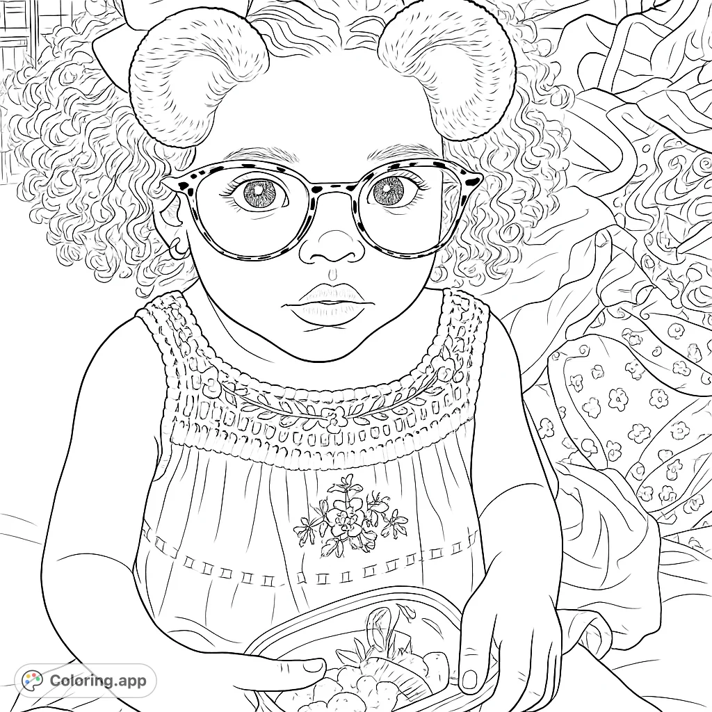 A charming child portrait featuring a sweet expression, playful animal ears, and a beautifully embroidered dress. Perfect for young colorists.