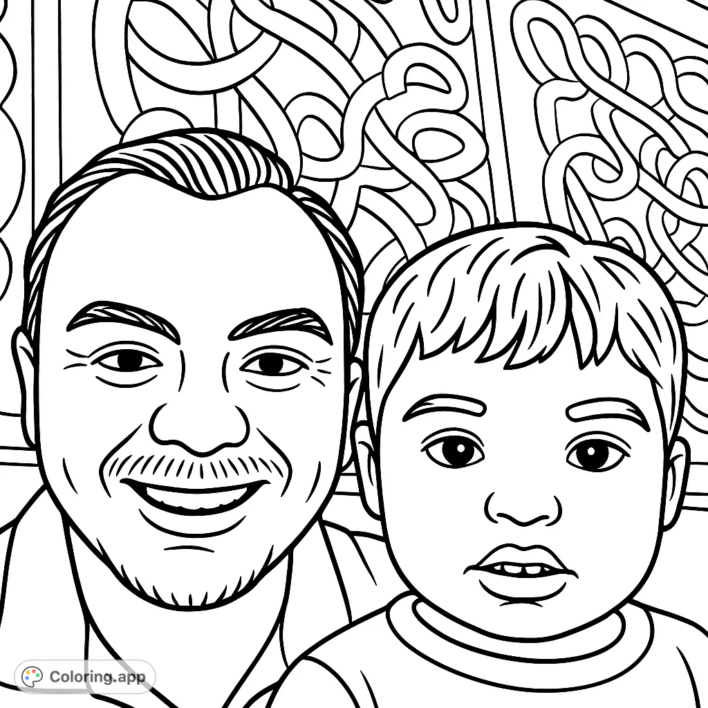 Capture a heartwarming father and child moment with this cartoony coloring page. Features a smiling man and a curious child against a patterned wall.