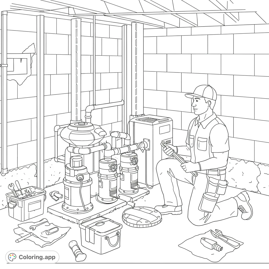 A contractor meticulously works on a multi-pump sump system in a detailed basement setting, perfect for home improvement enthusiasts.