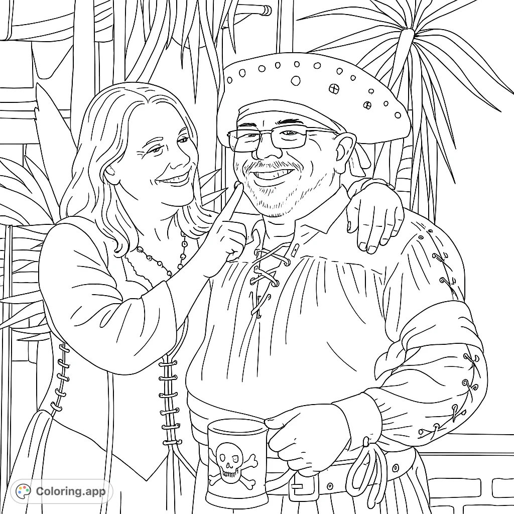 A joyful pirate couple in detailed costumes, perfect for a fun coloring adventure. Features a captain and his companion in a festive setting.