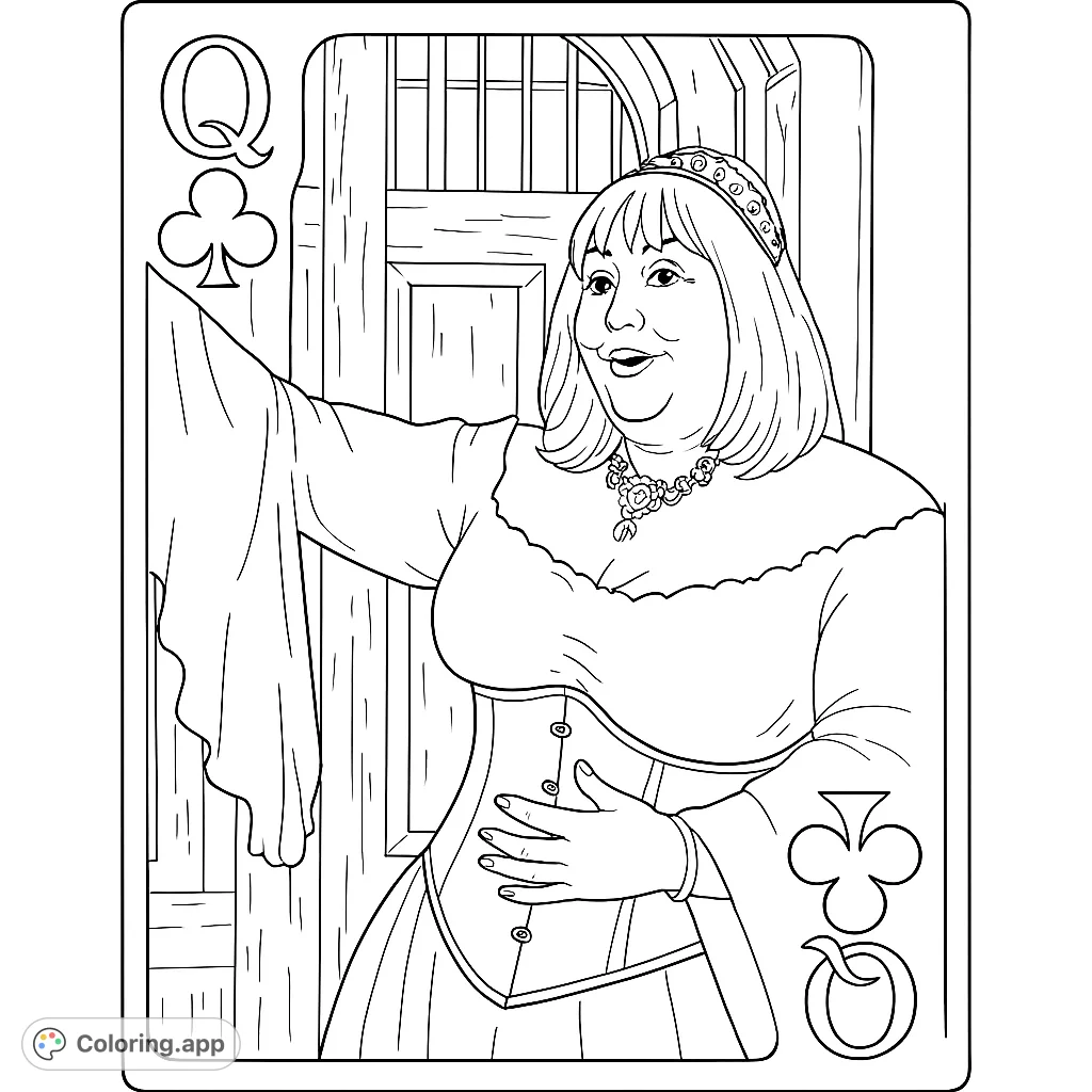 A regal queen of clubs in a detailed costume, set against a rustic backdrop, perfect for a unique coloring experience. Features iconic card symbols.