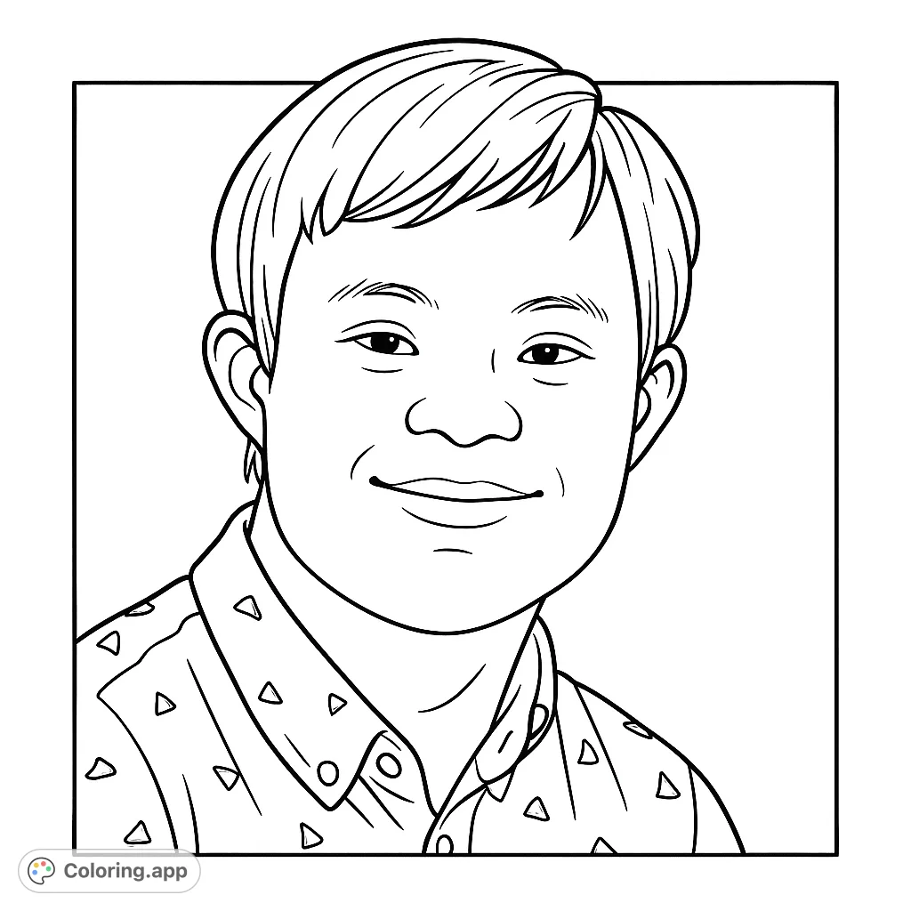 A heartwarming portrait of a smiling young man, perfect for a personalized coloring experience. Capture his gentle expression and patterned shirt.