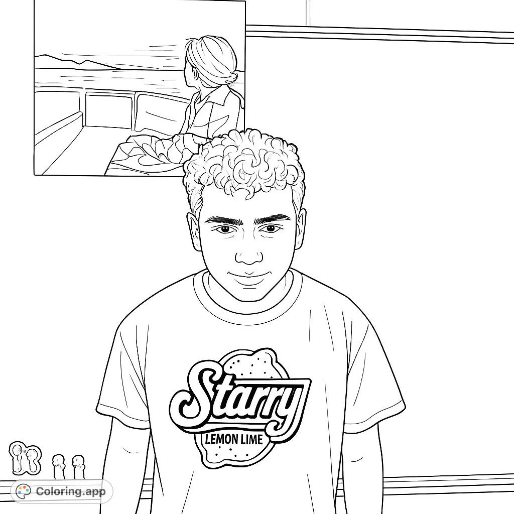 A unique coloring page featuring a person in a "Starry Lemon Lime" t-shirt, with a captivating painting of a figure in a boat in the background.