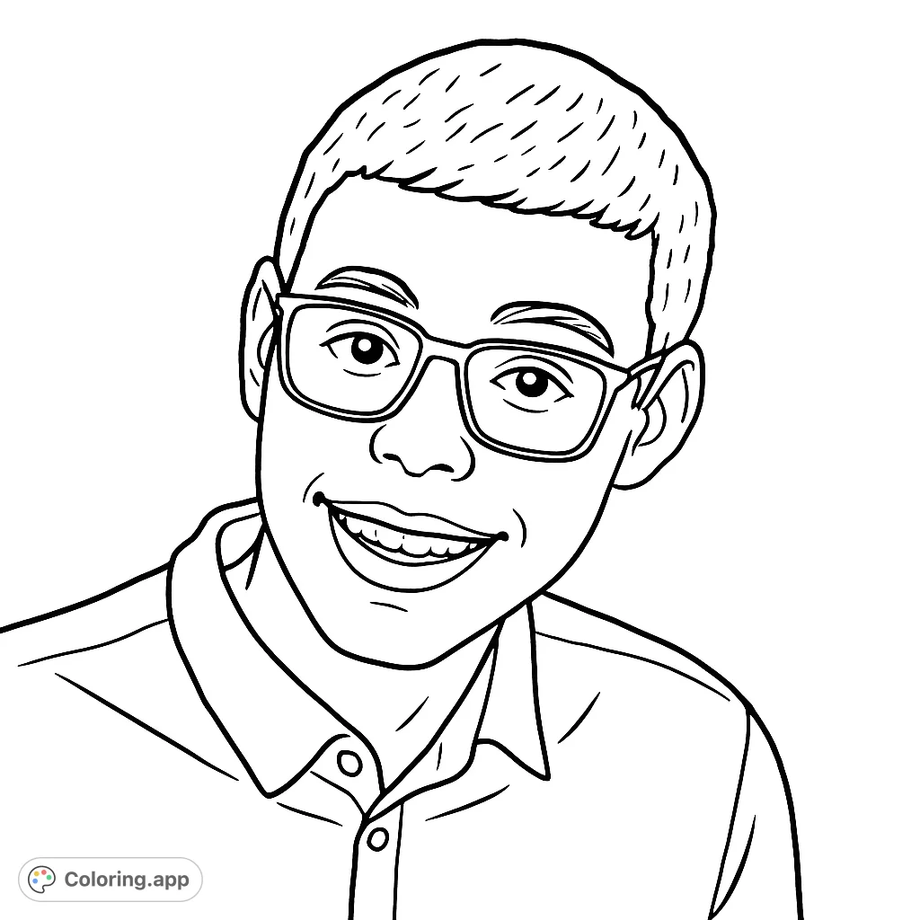 A friendly youthful portrait with eyeglasses, perfect for personalizing. Capture a warm smile and bring this engaging face to life with your colors.
