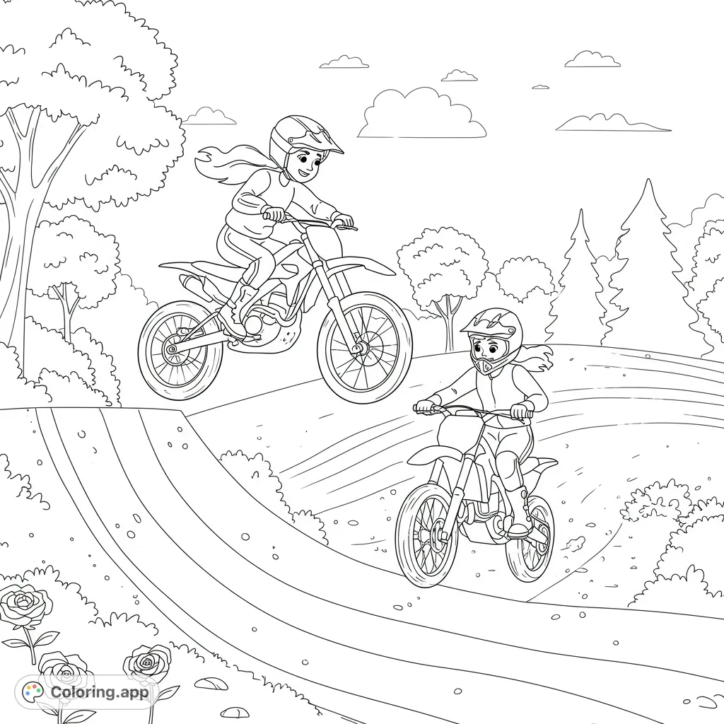 Two adventurous girls on motorcycles navigate a dynamic dirt course, one mid-air over a ramp, the other approaching bumps. Features bold patterns and motion.