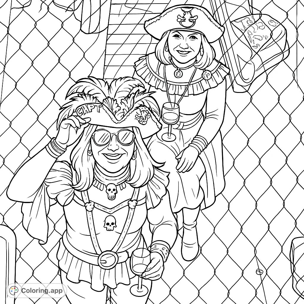 Embark on a creative voyage with this pirate-themed coloring page featuring two detailed figures in elaborate costumes, perfect for adventurous colorists.