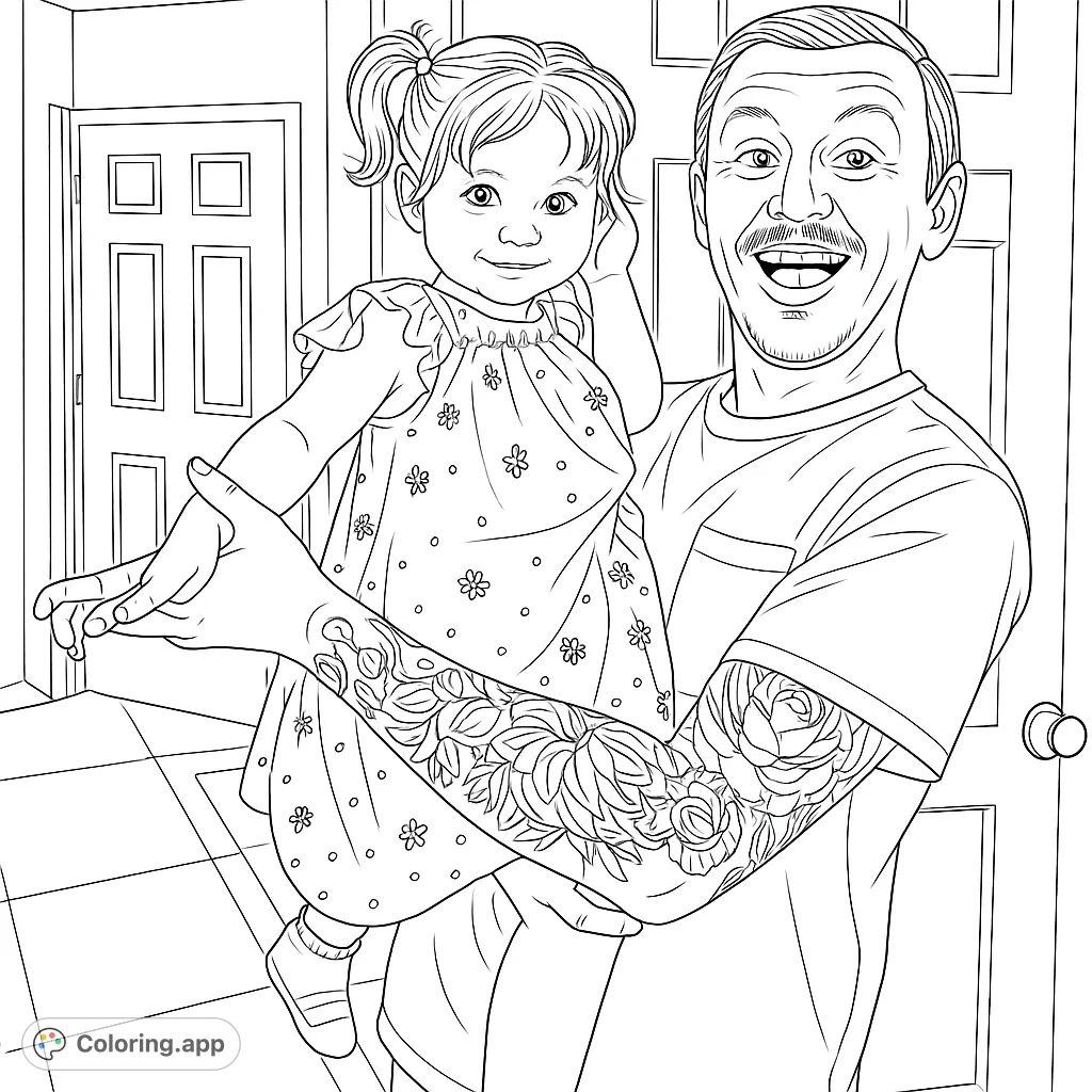 Capture a heartwarming moment with this father and child coloring page. Features a man with detailed tattoos holding a smiling child in a patterned dress.
