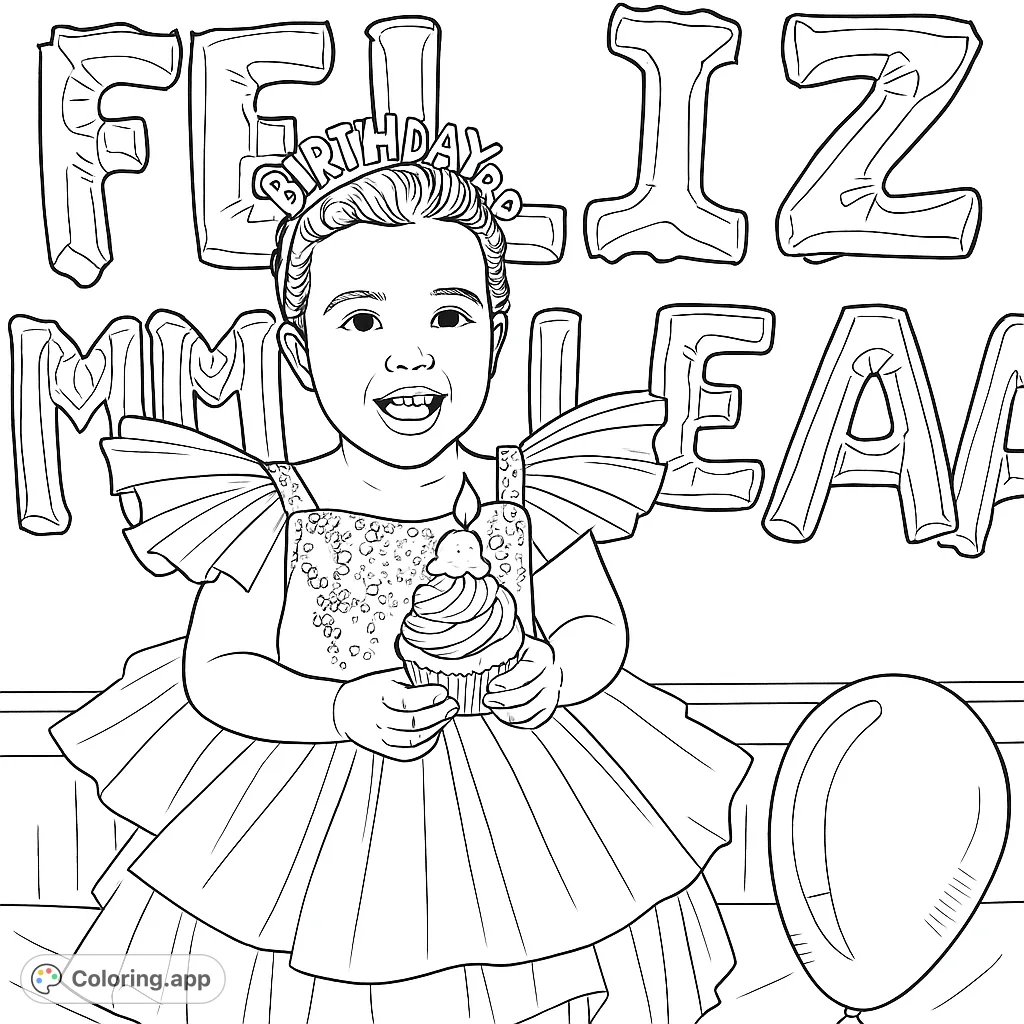 A joyful child celebrates with a cupcake and a special birthday headband, surrounded by festive balloons. Perfect for a happy coloring experience.