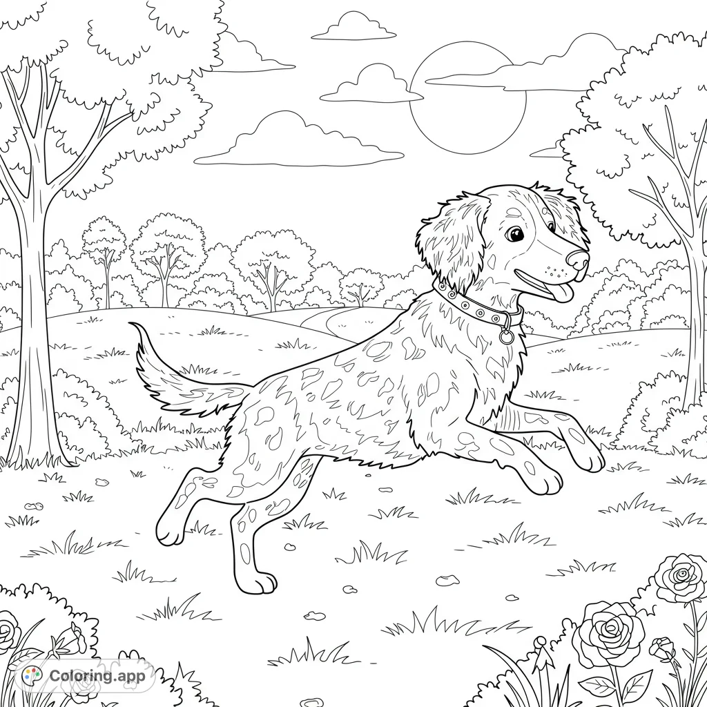 A joyful dog plays in a sunny park, capturing a moment of pure canine happiness. Perfect for a relaxing free printable coloring page.