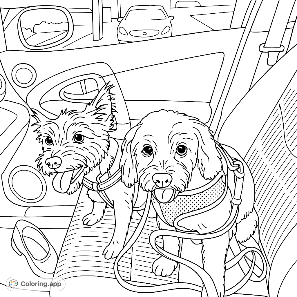 Two adorable dogs enjoy a car ride, ready for adventure! This free printable dog coloring page is perfect for pet lovers of all ages.