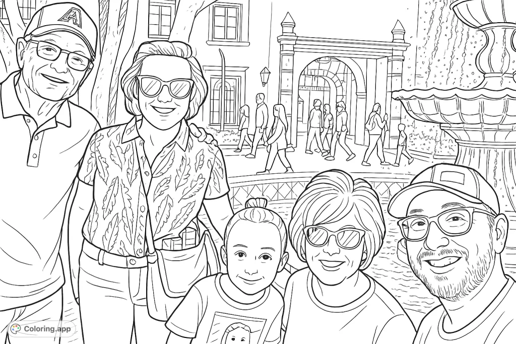 A joyful group portrait featuring family and friends smiling together in a charming plaza with an ornate fountain and historic architecture.