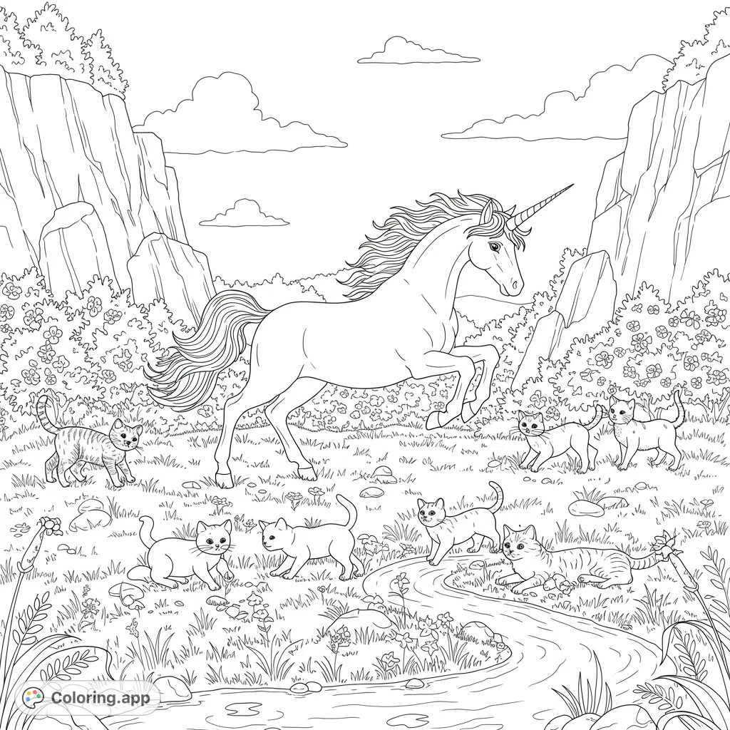 Discover a magical unicorn and playful kittens leaping and resting in a serene grassy field, framed by majestic rock cliffs and a flowing creek.
