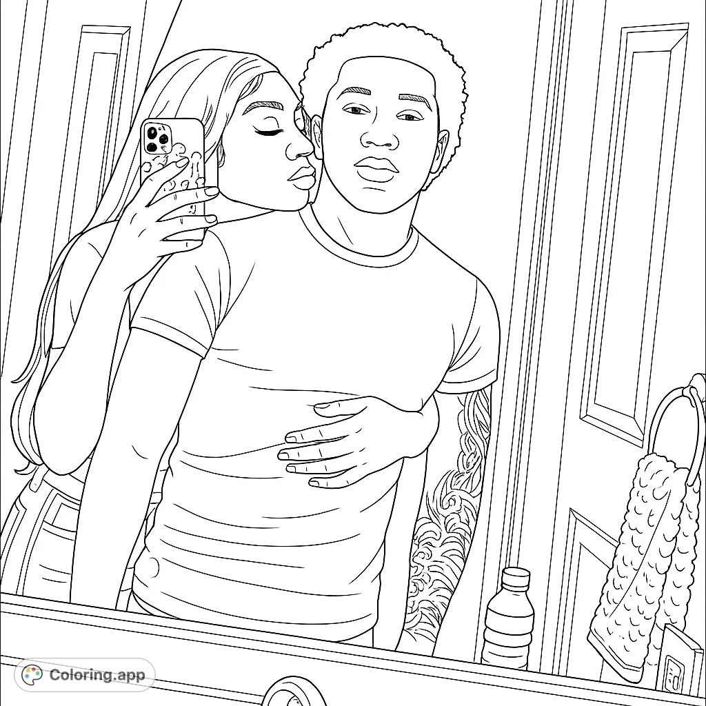 A modern couple captured in a mirror selfie, perfect for personalizing with your favorite colors. Explore details from their expressions to the room's elements.