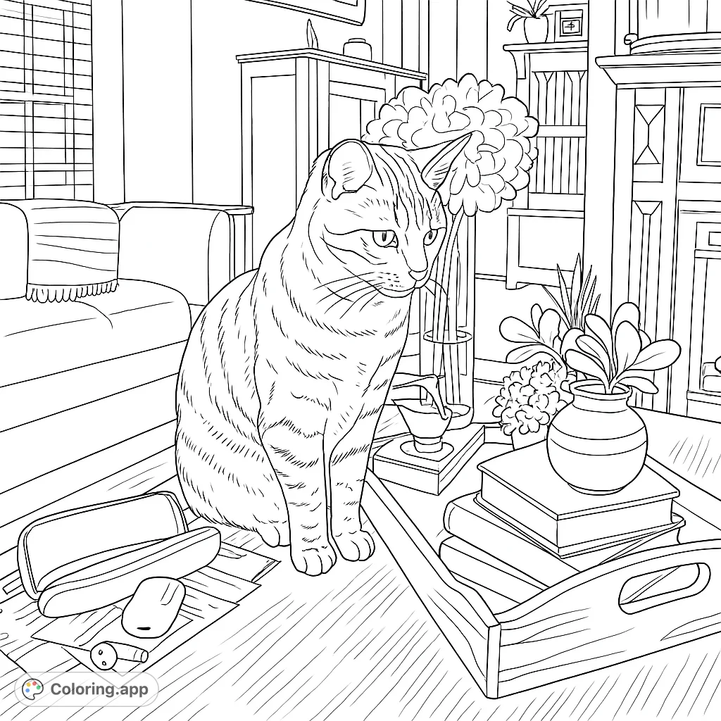 A charming cat sits on a coffee table amidst household items, offering a delightful scene for a cozy coloring experience. Perfect for pet lovers.
