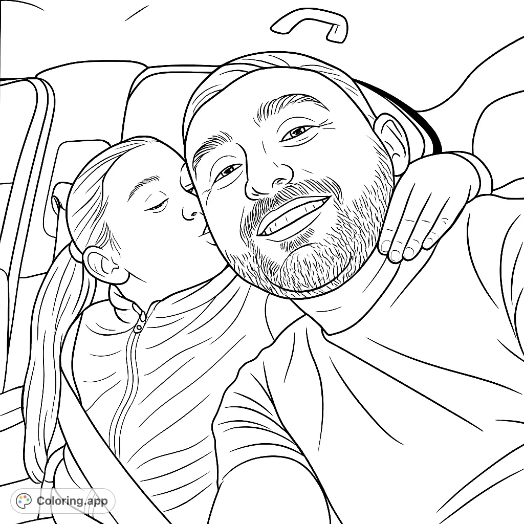 Capture a heartwarming moment of a father and daughter sharing a kiss in the car. A sweet family scene perfect for coloring.