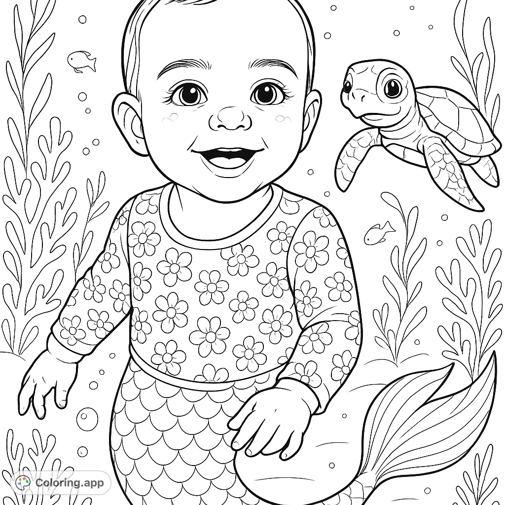 Dive into a whimsical underwater world with a cheerful baby mermaid, friendly sea creatures, and vibrant coral. A delightful fantasy scene for all ages.