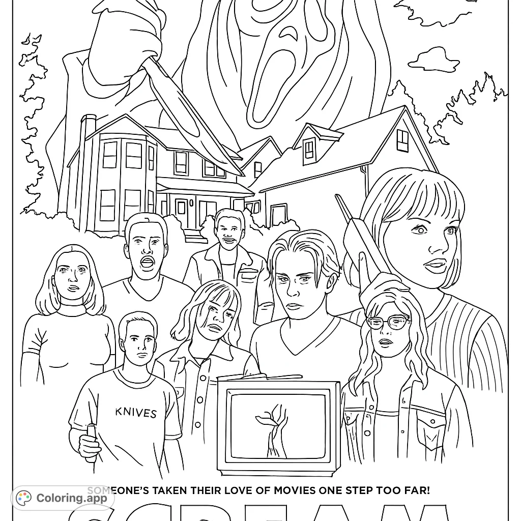 Color the iconic Scream movie poster featuring Ghostface, the house, and the ensemble cast. A thrilling horror coloring page for fans.