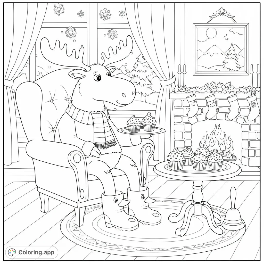 A charming moose in a cozy lounge enjoys a cupcake by a grand fireplace, surrounded by winter elements. Perfect for a delightful coloring experience!