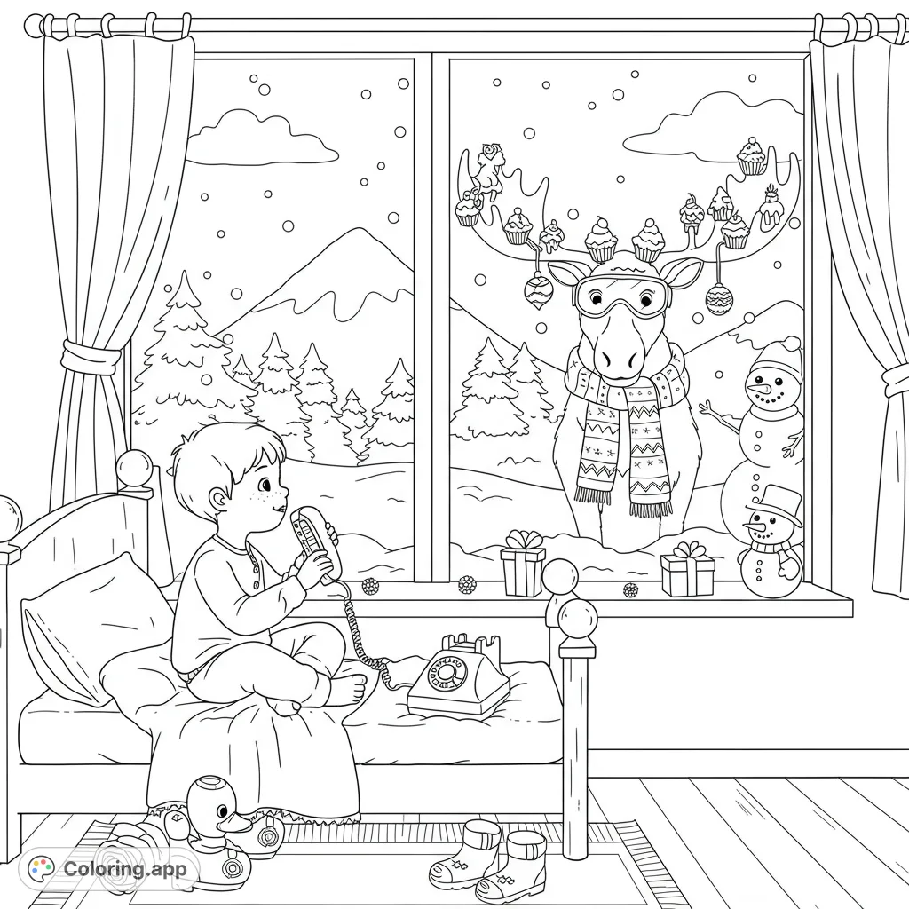A child on a cozy bed gazes at a whimsical moose with cupcake-adorned antlers and ski goggles, set against a snowy mountain. A delightful winter coloring page.