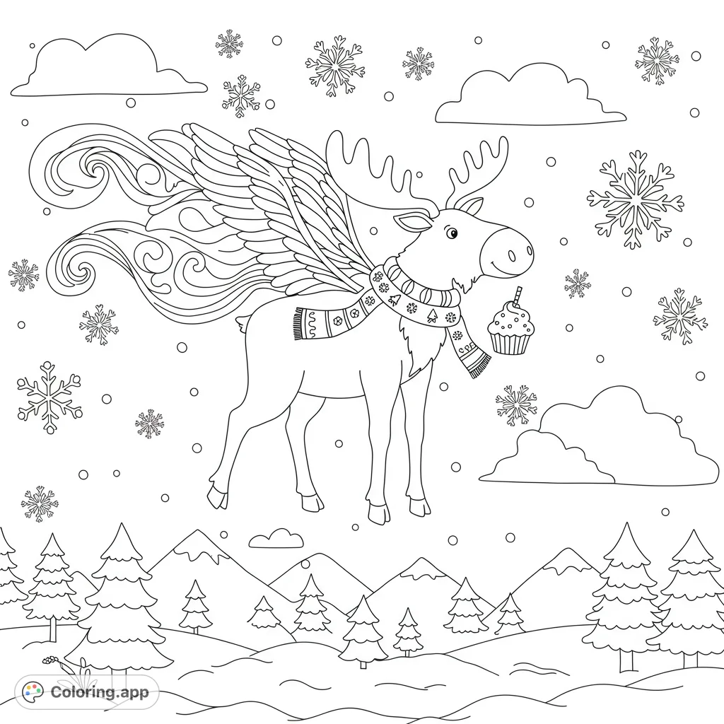 A charming flying moose with a scarf and cupcake soars over a snowy landscape with mountains and pinetrees, perfect for a whimsical moose coloring page.