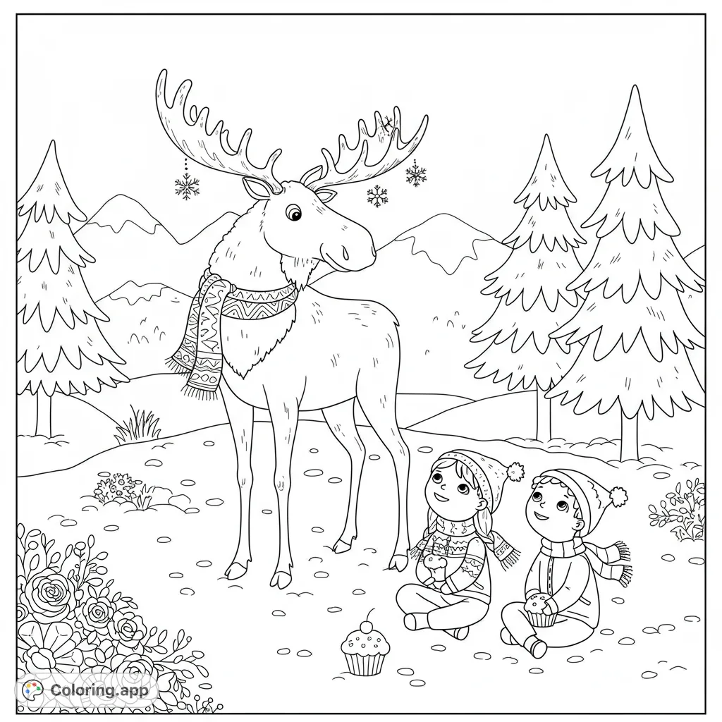 A heartwarming moose coloring page featuring a gentle moose, two children, and a snowy forest scene with mountains and snowflakes. Perfect for kids!