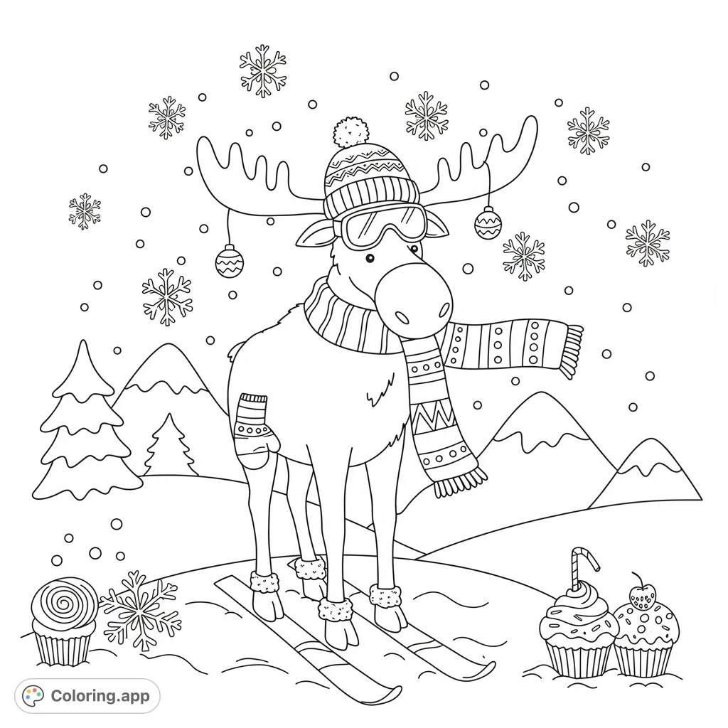 Discover a charming moose on a snowy path, adorned with winter gear and surrounded by dancing snowflakes. A delightful winter scene for coloring fun!