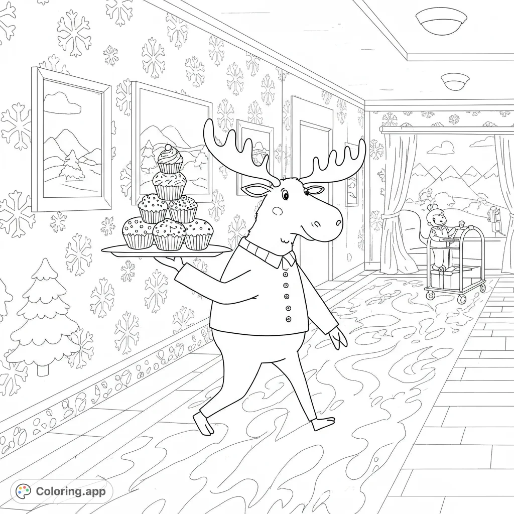 A charming moose delivers cupcakes in a grand hotel, a whimsical scene perfect for a delightful coloring adventure. Features a friendly staff member and elegant decor.