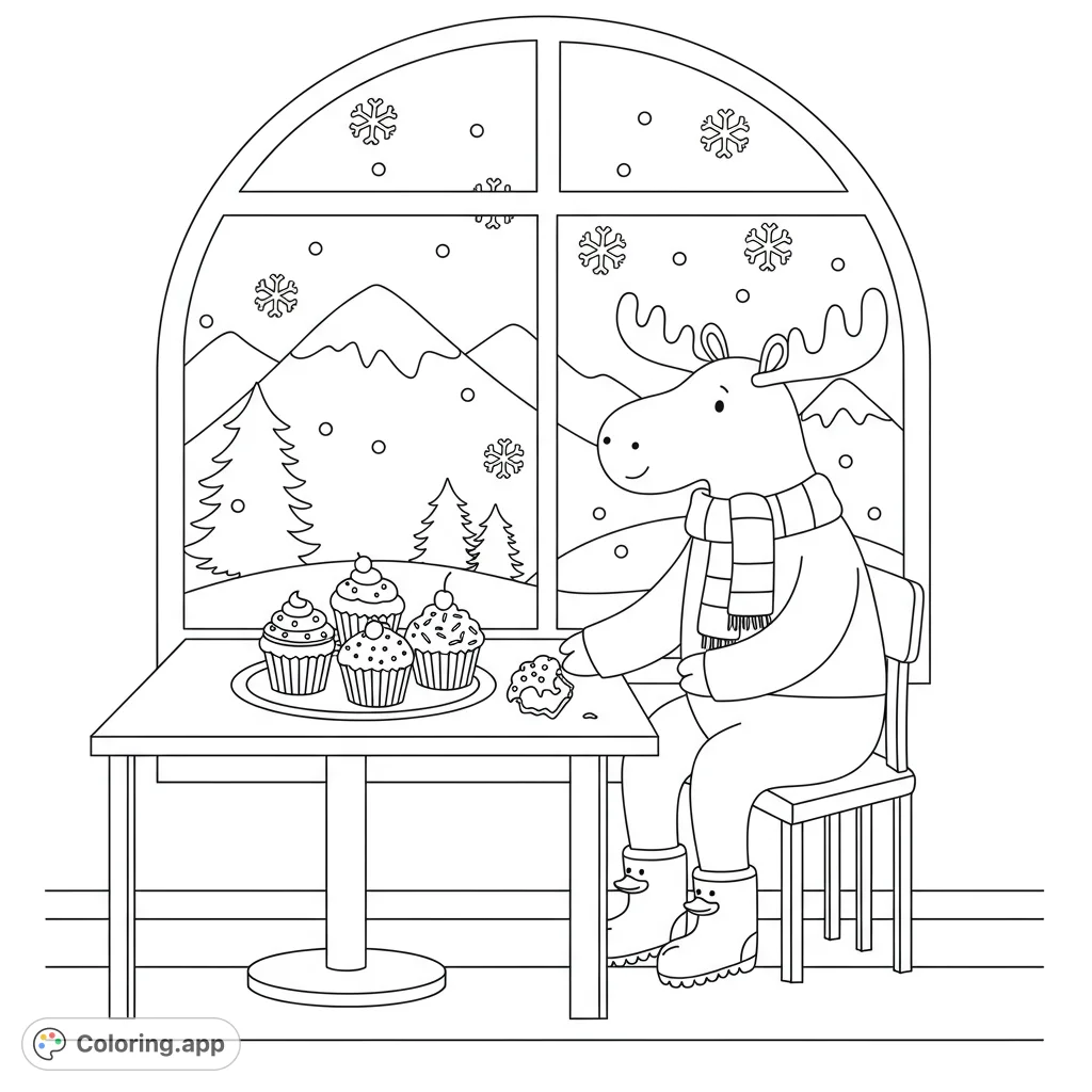 A charming winter wonderland coloring page featuring a scarf-clad moose enjoying cupcakes with sprinkles, set against a snowy mountain view.