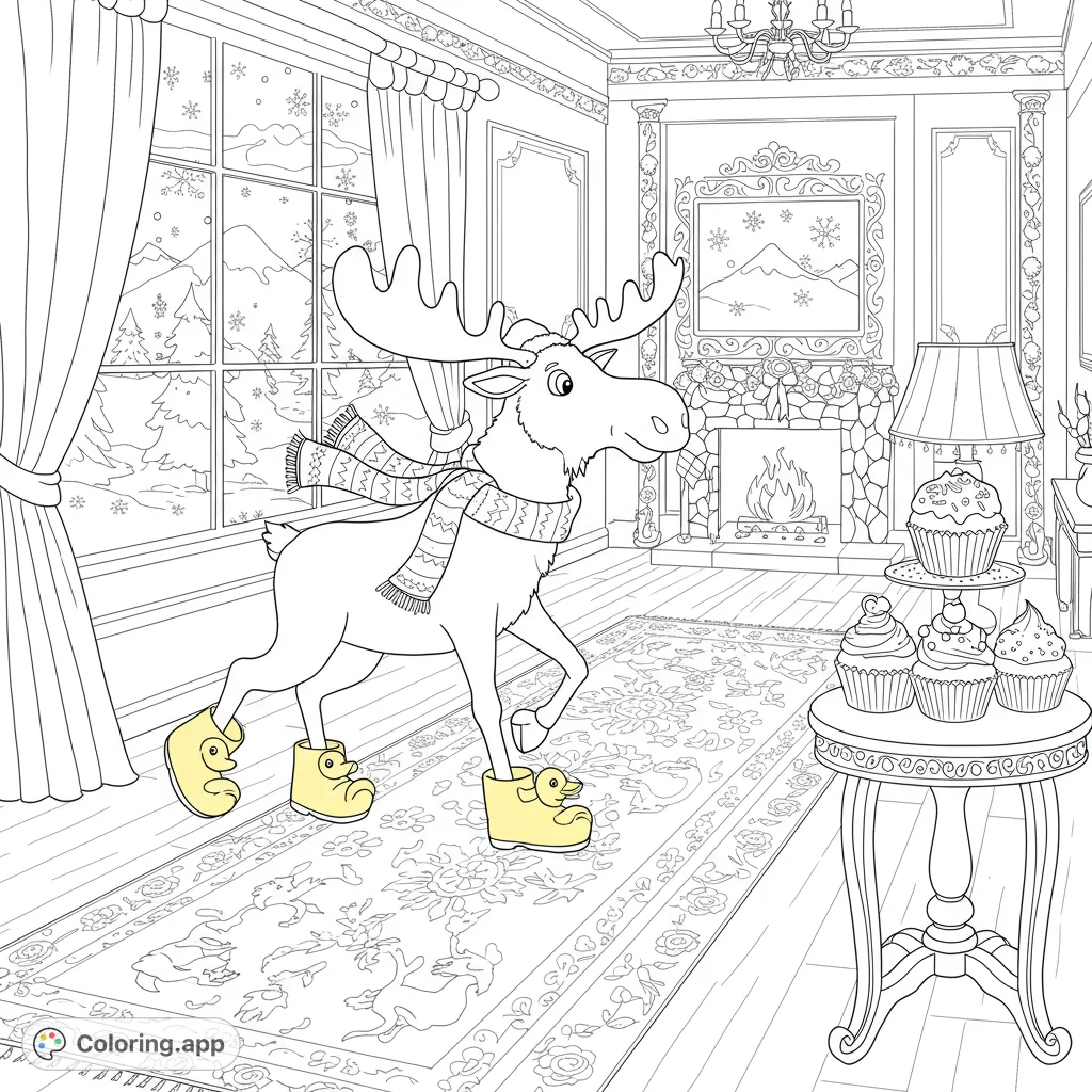 A playful moose in a scarf and rubber ducky boots frolics through a grand hotel hallway, with cupcakes and a snowy mountain view.