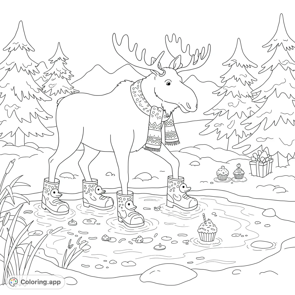 A charming moose in rubber ducky boots steps through a pond, leaving a trail of sprinkles. Features a cozy scarf, cupcake, and snowy pinetrees.