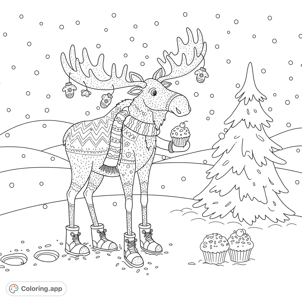 A whimsical moose with glove-laden antlers and sprinkle-dotted tracks in a snowy scene, perfect for a delightful winter coloring adventure.