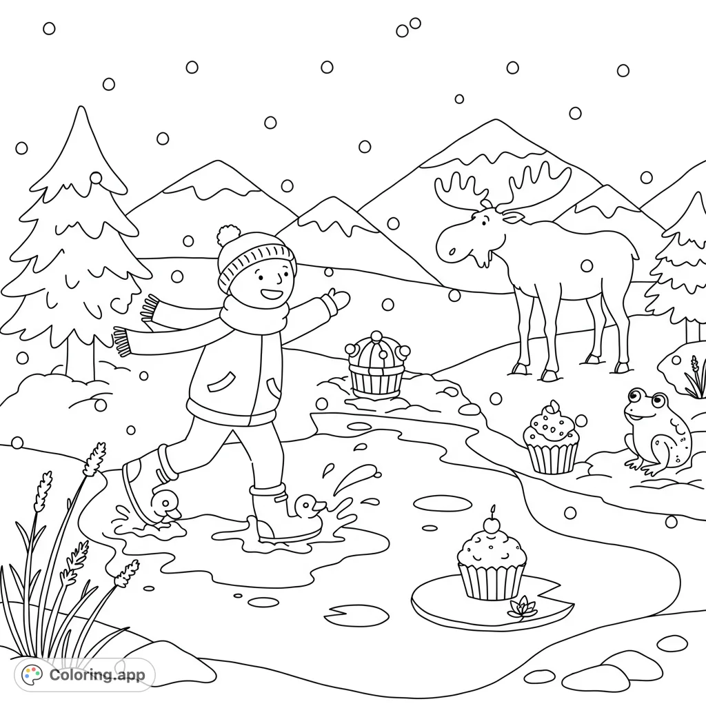 Dive into a whimsical winter scene! A playful character in rubber ducky boots splashes through snow, with a friendly moose, falling snowflakes, and a sweet cupcake.